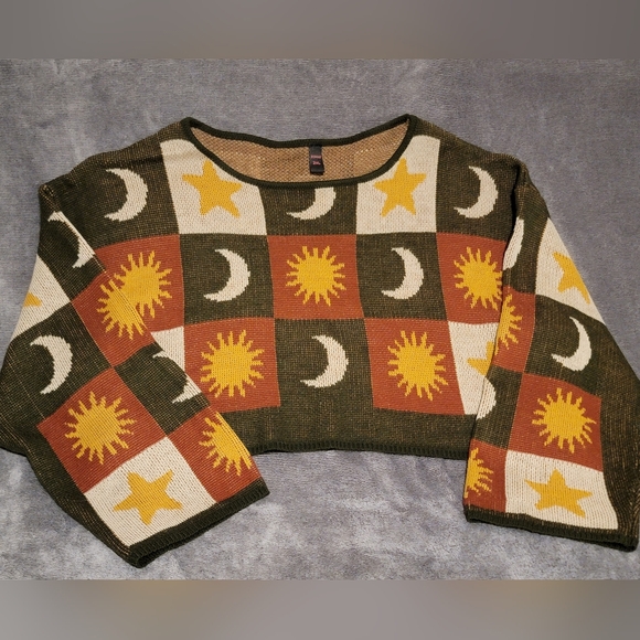 ROMWE Women's Sun and Moon Crop Patchwork Sweater Sz 2XL - Olive, Mustard, Rust - Picture 7 of 7